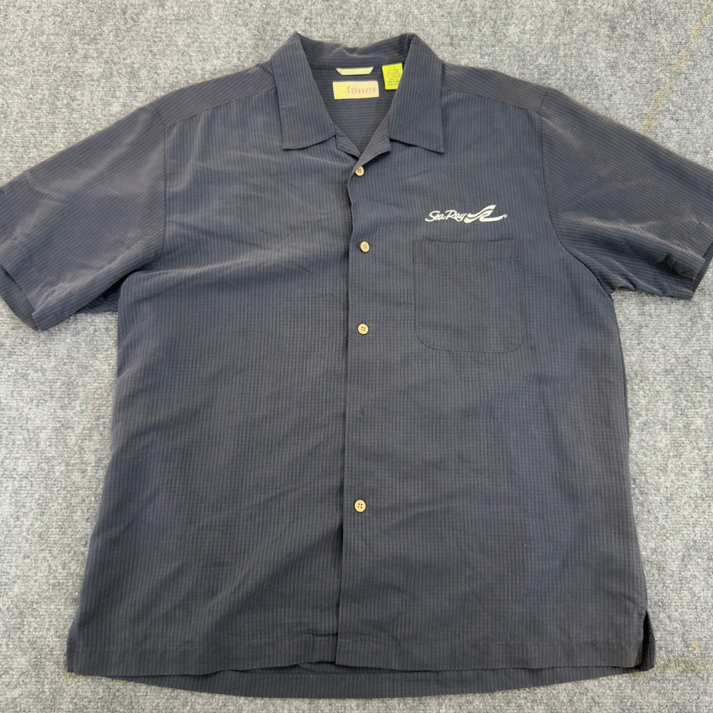Cubavera Sea Ray Logo Camp Shirt Textured Button Down Navy Blue Size L